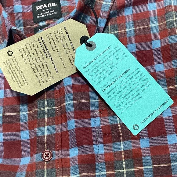 Prana Los Feliz Flannel Shirt Mens S Slim Fit Red Blue Plaid Rhubarb NWT - Picture 10 of 12